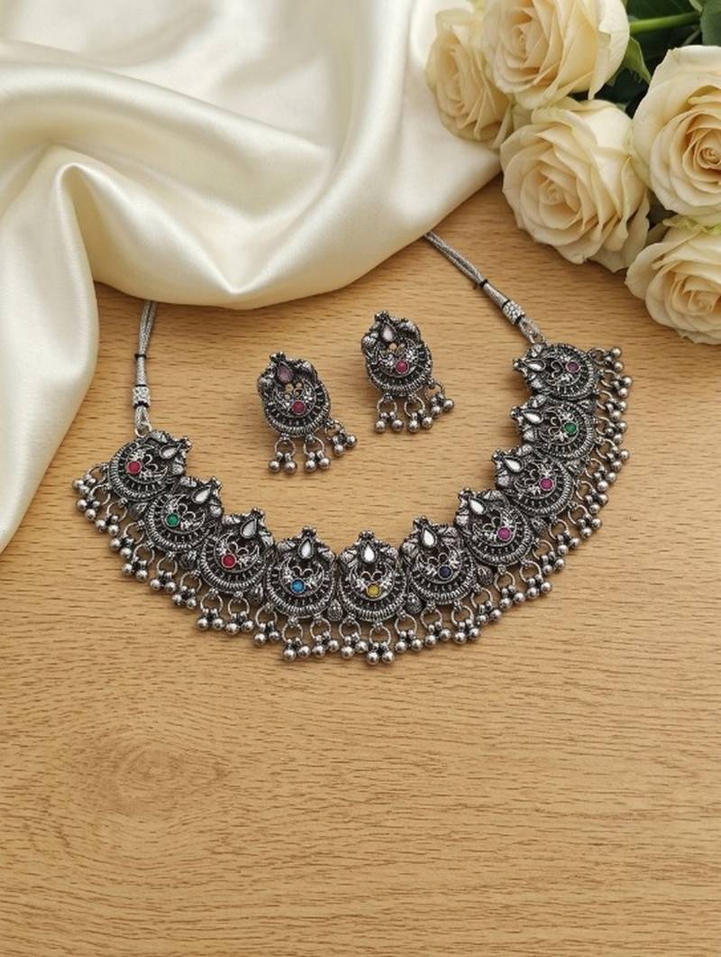 oxidized silver choker necklace set with mirror work & hanging jhumkas for women   ethnic festival indian jewelry