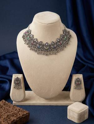 oxidized silver choker necklace set with mirror work & hanging jhumkas for women   ethnic festival indian jewelry 3