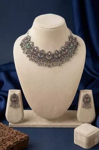 oxidized silver choker necklace set with mirror work & hanging jhumkas for women   ethnic festival indian jewelry