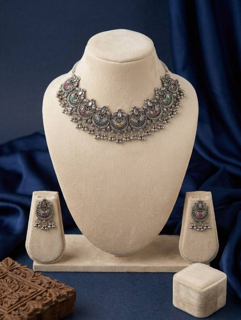 oxidized silver choker necklace set with mirror work & hanging jhumkas for women   ethnic festival indian jewelry