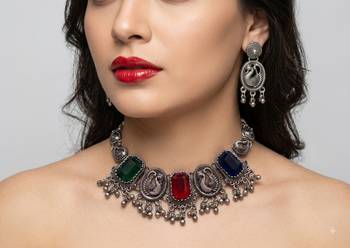 navratri special oxidised silver peacock jewellery set with multicolor stones   choker necklace & earrings 1