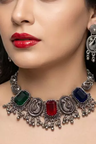 navratri special oxidised silver peacock jewellery set with multicolor stones   choker necklace & earrings
