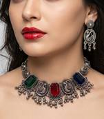 navratri special oxidised silver peacock jewellery set with multicolor stones   choker necklace & earrings