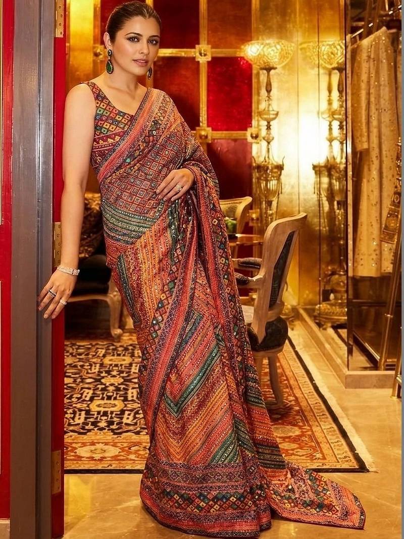 Ethnic Motifs Mirror Work Silk Blend Saree