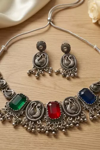 navratri special oxidised silver peacock jewellery set with multicolor stones   choker necklace & earrings