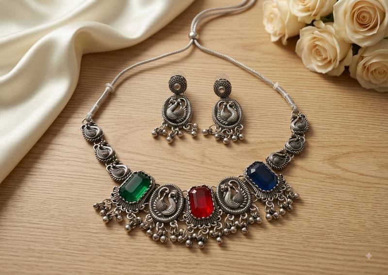 navratri special oxidised silver peacock jewellery set with multicolor stones   choker necklace & earrings