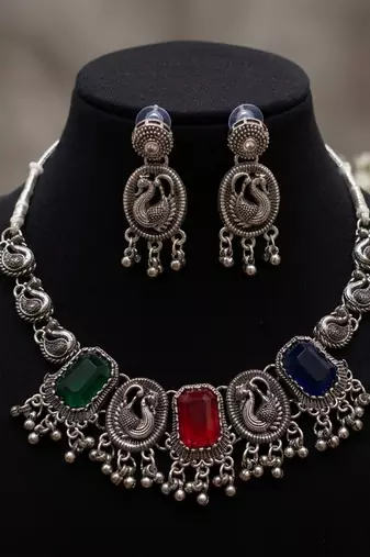 navratri special oxidised silver peacock jewellery set with multicolor stones   choker necklace & earrings