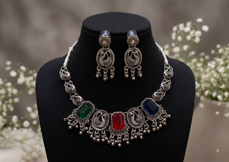 navratri special oxidised silver peacock jewellery set with multicolor stones   choker necklace & earrings