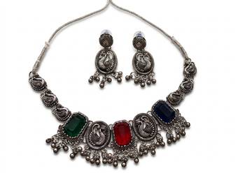navratri special oxidised silver peacock jewellery set with multicolor stones   choker necklace & earrings 4