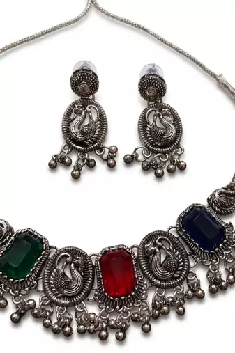 navratri special oxidised silver peacock jewellery set with multicolor stones   choker necklace & earrings
