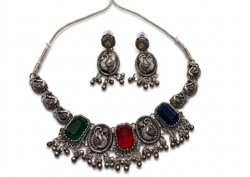 navratri special oxidised silver peacock jewellery set with multicolor stones   choker necklace & earrings