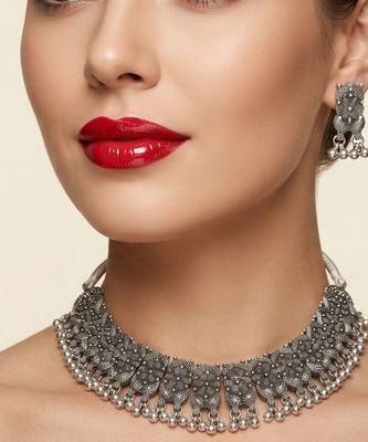 navratri special oxidised silver choker necklace & earrings set   traditional ethnic garba jewellery 1