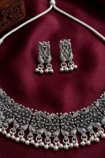 navratri special oxidised silver choker necklace & earrings set   traditional ethnic garba jewellery
