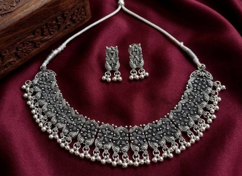 navratri special oxidised silver choker necklace & earrings set   traditional ethnic garba jewellery