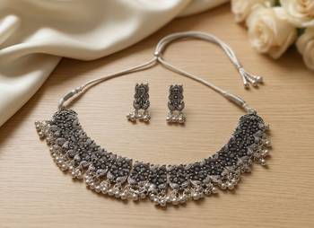 navratri special oxidised silver choker necklace & earrings set   traditional ethnic garba jewellery 3
