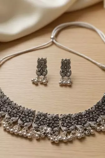 navratri special oxidised silver choker necklace & earrings set   traditional ethnic garba jewellery