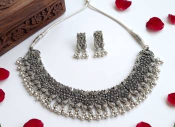 navratri special oxidised silver choker necklace & earrings set   traditional ethnic garba jewellery 4