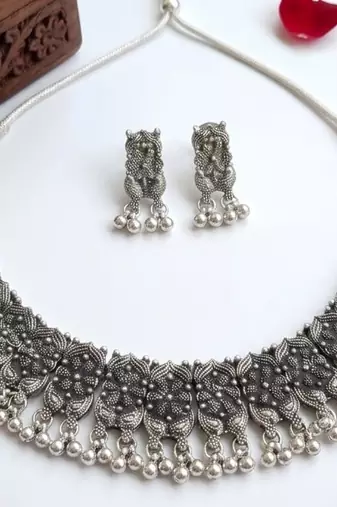 navratri special oxidised silver choker necklace & earrings set   traditional ethnic garba jewellery