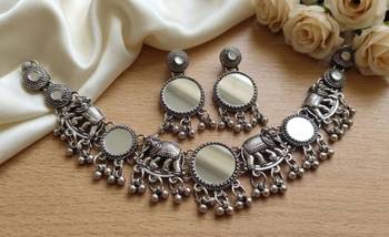 navratri oxidised silver mirror choker necklace set with elephant motif & earrings 1