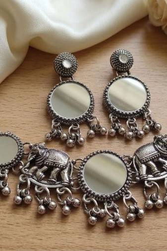 navratri oxidised silver mirror choker necklace set with elephant motif & earrings