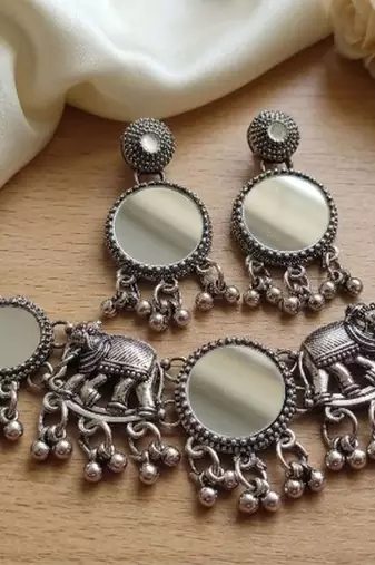 navratri oxidised silver mirror choker necklace set with elephant motif & earrings