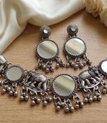 navratri oxidised silver mirror choker necklace set with elephant motif & earrings