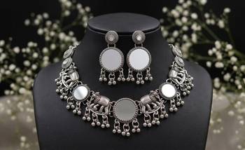 navratri oxidised silver mirror choker necklace set with elephant motif & earrings 2
