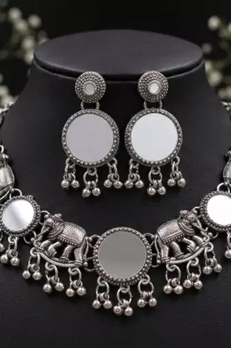 navratri oxidised silver mirror choker necklace set with elephant motif & earrings