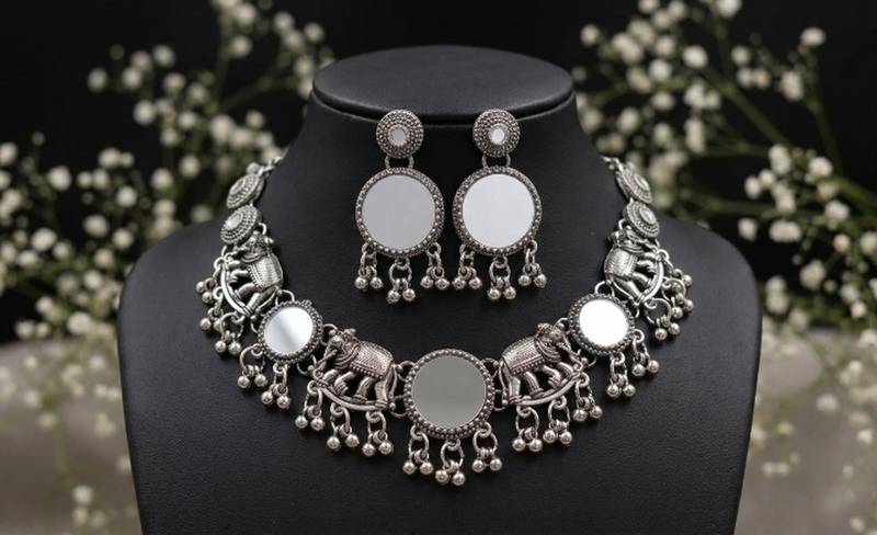 navratri oxidised silver mirror choker necklace set with elephant motif & earrings