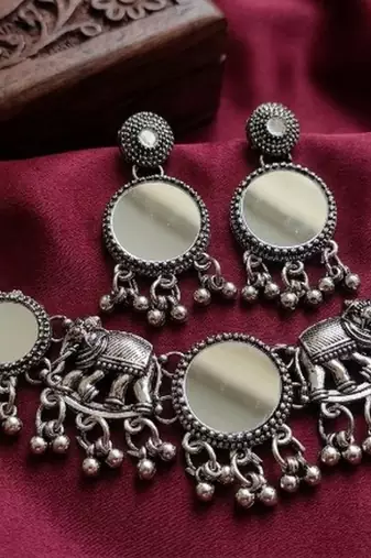 navratri oxidised silver mirror choker necklace set with elephant motif & earrings