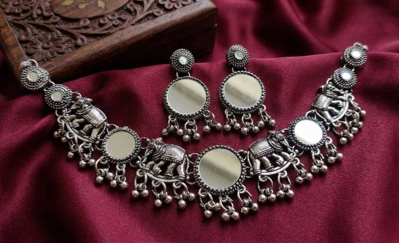 navratri oxidised silver mirror choker necklace set with elephant motif & earrings