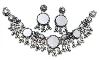 navratri oxidised silver mirror choker necklace set with elephant motif & earrings 4