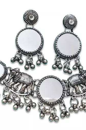 navratri oxidised silver mirror choker necklace set with elephant motif & earrings