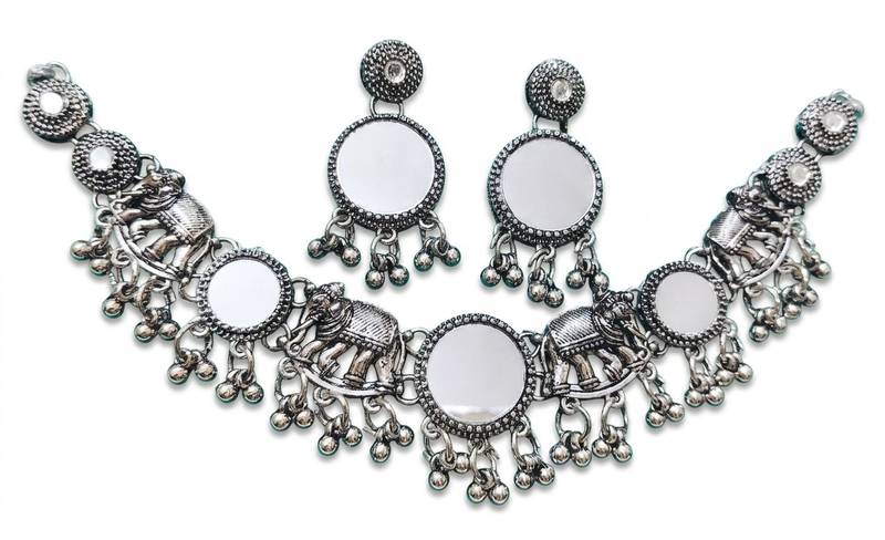 navratri oxidised silver mirror choker necklace set with elephant motif & earrings