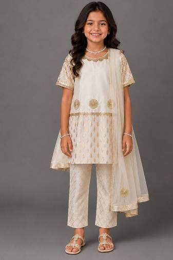 Off white embroidered chanderi cotton silk kurti set