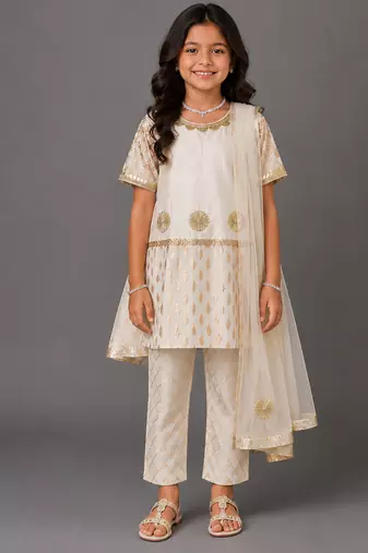 Off white embroidered chanderi cotton silk kurti set