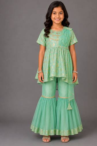 Green embroidered chanderi cotton silk attached dupatta sharara set