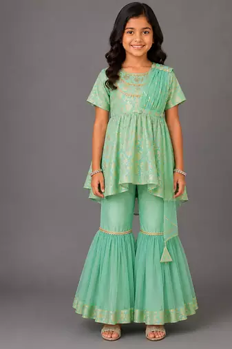 Green embroidered chanderi cotton silk attached dupatta sharara set