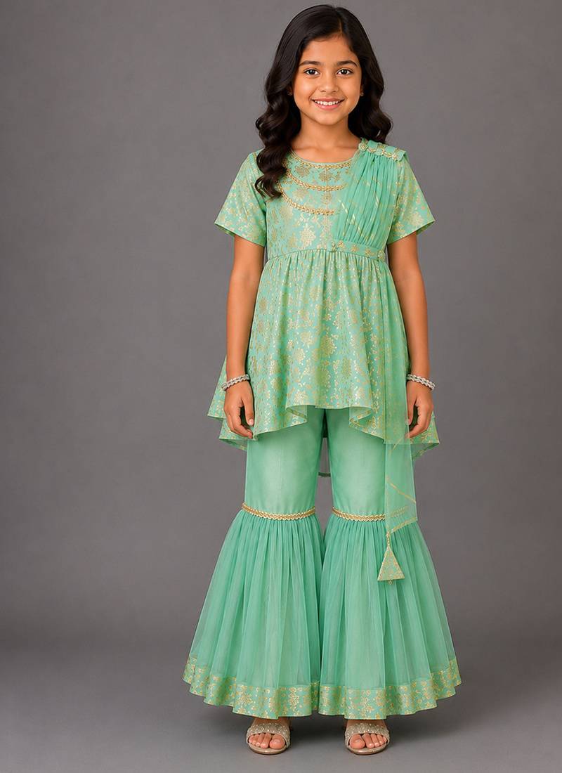 Green embroidered chanderi cotton silk attached dupatta sharara set