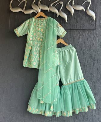 Green embroidered chanderi cotton silk attached dupatta sharara set 4