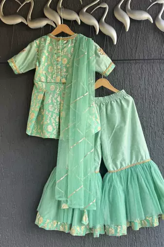 Green embroidered chanderi cotton silk attached dupatta sharara set