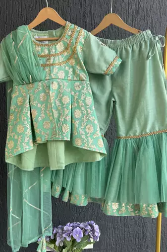 Green embroidered chanderi cotton silk attached dupatta sharara set