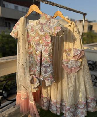 Off white embroidered cotton silk kurti lehenga set 1