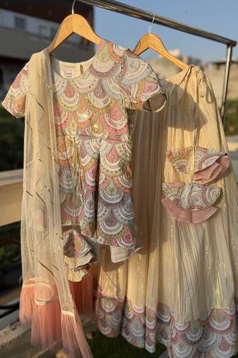 Off white embroidered cotton silk kurti lehenga set