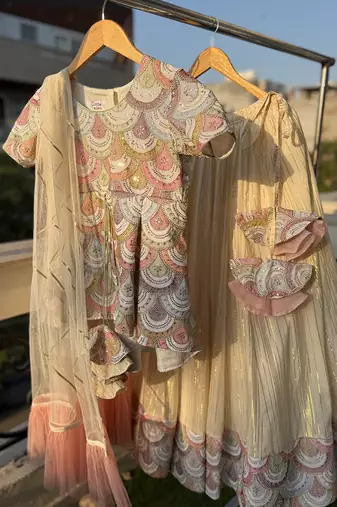Off white embroidered cotton silk kurti lehenga set
