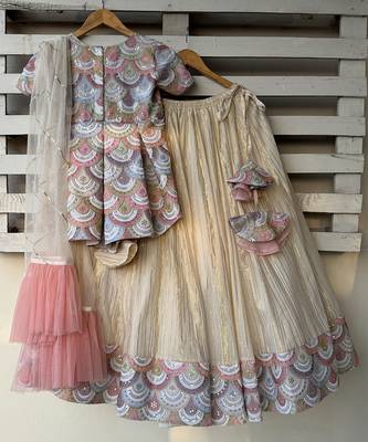 Off white embroidered cotton silk kurti lehenga set 3