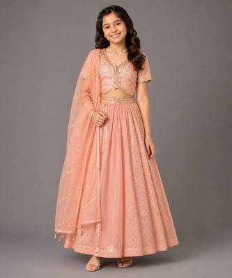 Peach embroidered organza chanderi lehenga set 1