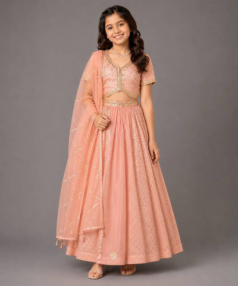 Peach embroidered organza chanderi lehenga set