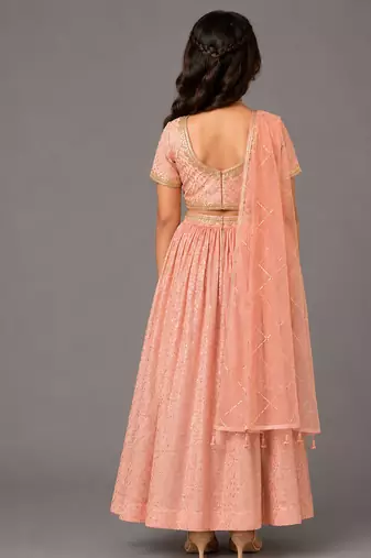 Peach embroidered organza chanderi lehenga set