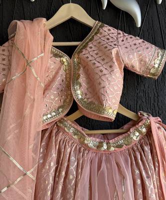 Peach embroidered organza chanderi lehenga set 5